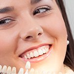 Woman's smile compared with porcelain veneers color chart