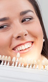 Woman's smile compared with porcelain veneers color chart