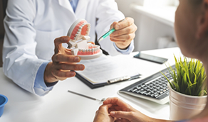 Dentist showing a model of the mouth to a patient
