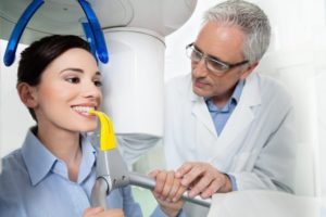 Patient at the dentist’s office with a cone beam scanner.